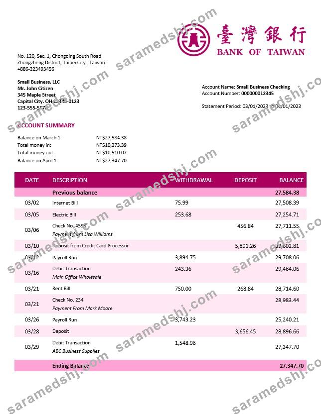 Bank of Taiwan company checking account statement Word and PDF template